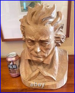 X Large Vintage 1952 Oberammergau Germany Beethoven Bust Wood Carving Heinzeller