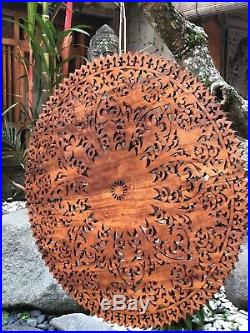 XL 40 Round Wood Relief Panel Hand Carved Flower Wall Sculpture Floral Carving