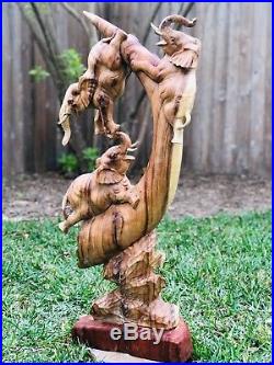 XL Solid Wood 40 Hand Carved Elephant Family Trio Carving Art Sculpture