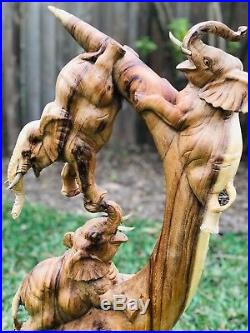 XL Solid Wood 40 Hand Carved Elephant Family Trio Carving Art Sculpture